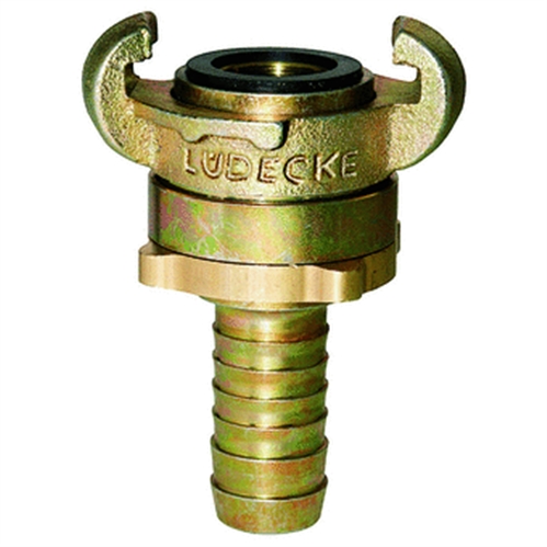 Click to enlarge - DIN type double look quick coupling. Just twist the two halves together and tighten the rear knurled ring ensuring a secure joint. These couplings conform to DIN 3238. Very high flow rates are achieved through the maximum bore size. Head is made from malleable iron and the shank is from machined steel.
